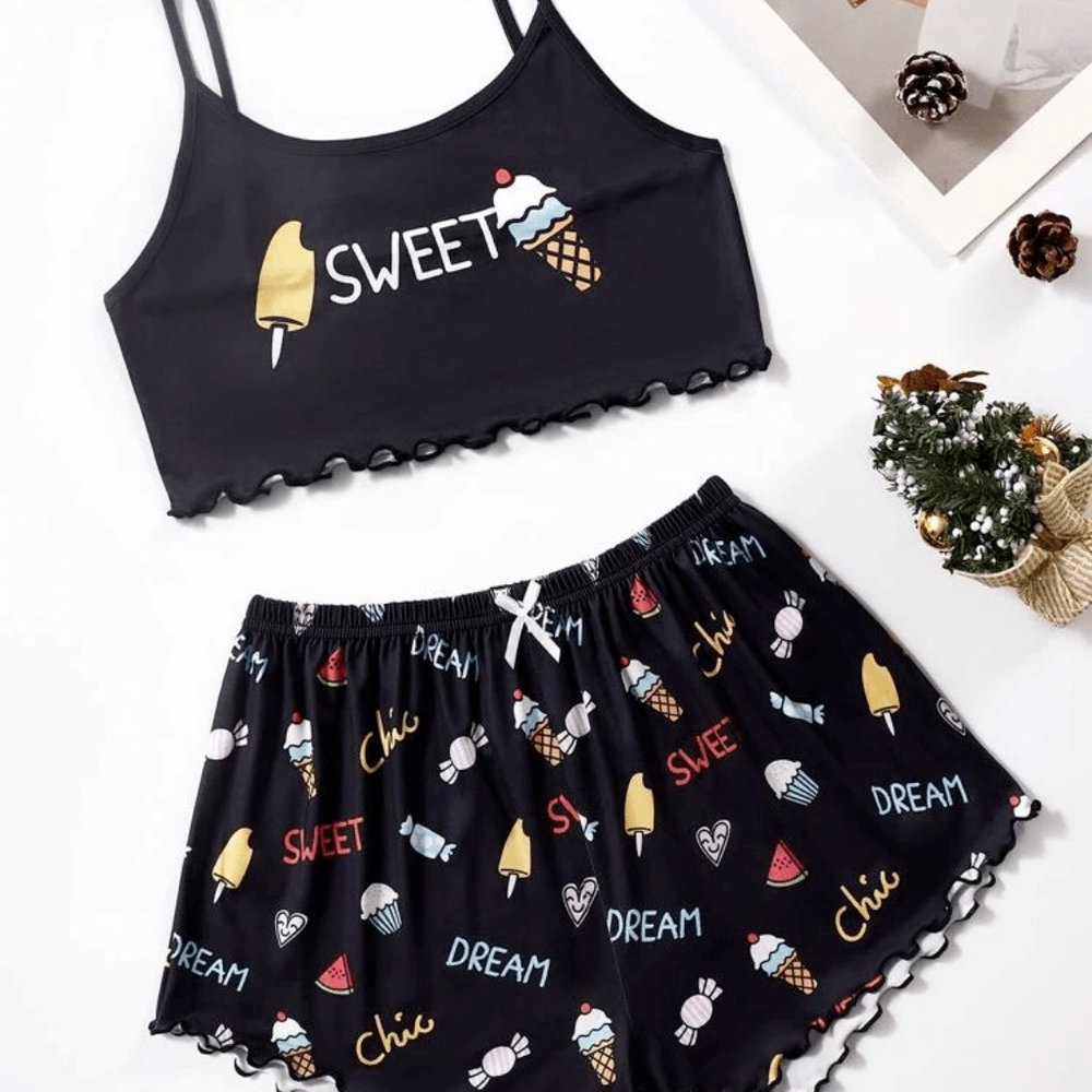 Cartoon And Letter Graphic Lettuce Trim Cami Top & Shorts PJ Set